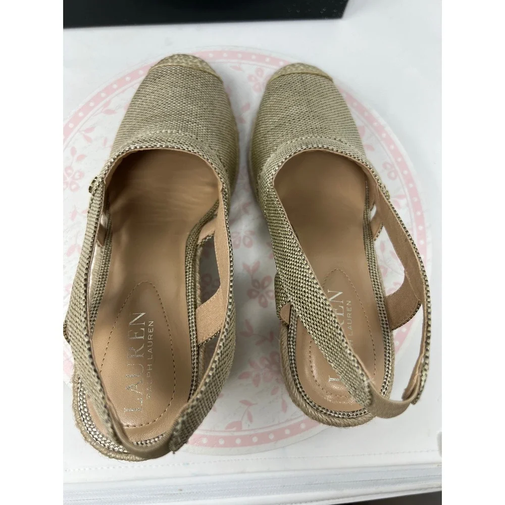 LAUREN Ralph Lauren Penelopie Espadrille Wedge Women 6 Silver Metallic Straw New